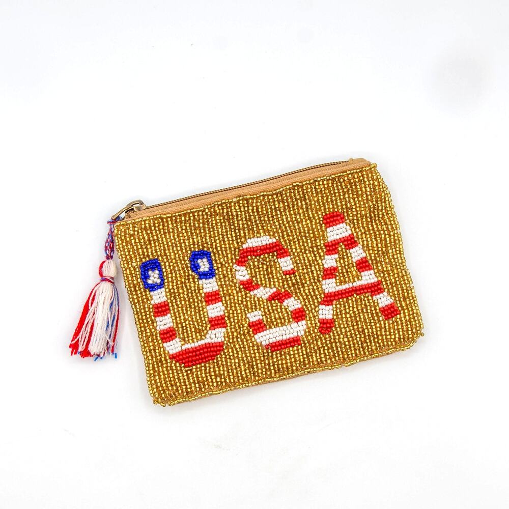 AMERICA & BEYOND USA Beaded Coin Purse Gold Patriotic 4th Of July Change Pouch